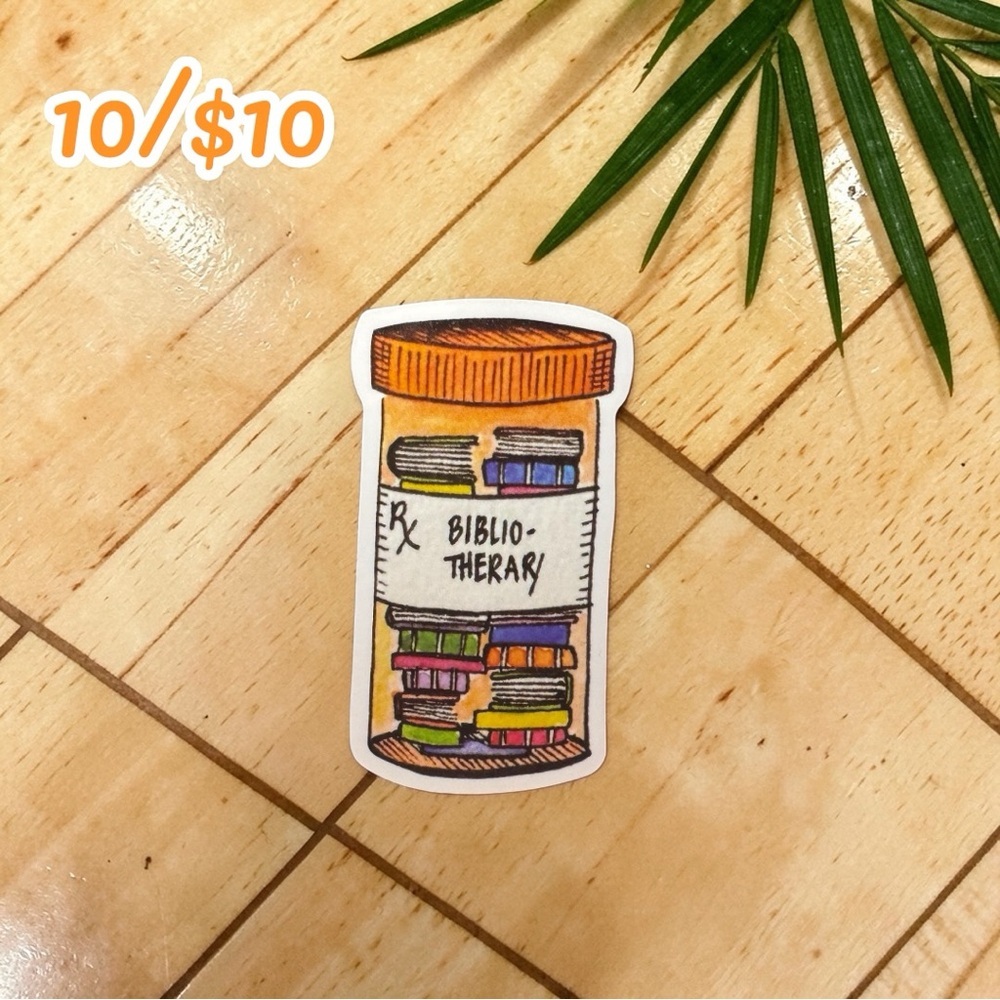 Bibliotherapy Sticker – Book Lover Prescription Bottle Vinyl Decal Reader Humor